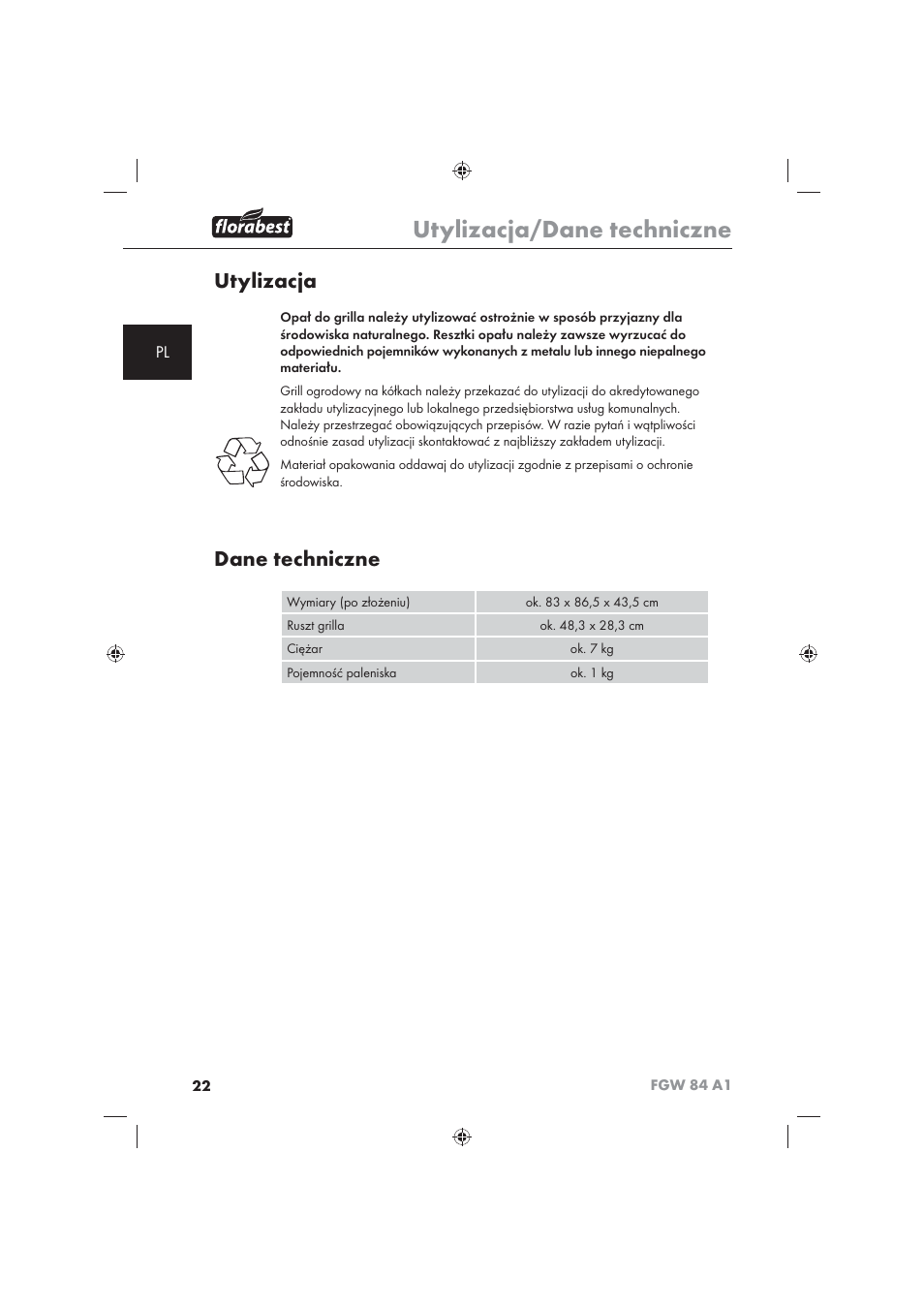 Utylizacja/dane techniczne, Utylizacja, Dane techniczne | Florabest FGW 84 A1 User Manual | Page 24 / 86