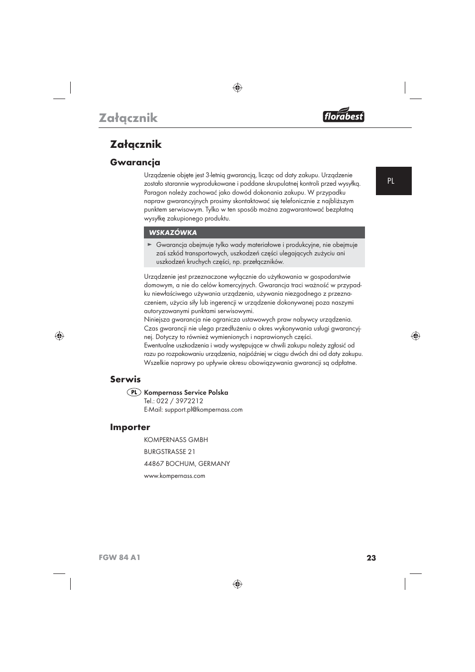 Załącznik, Gwarancja, Serwis | Importer | Florabest FGW 84 A1 User Manual | Page 25 / 86