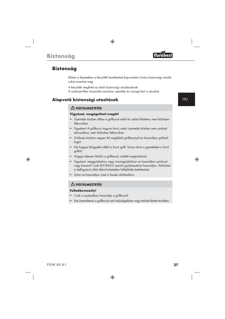 Biztonság, Alapvető biztonsági utasítások | Florabest FGW 84 A1 User Manual | Page 29 / 86
