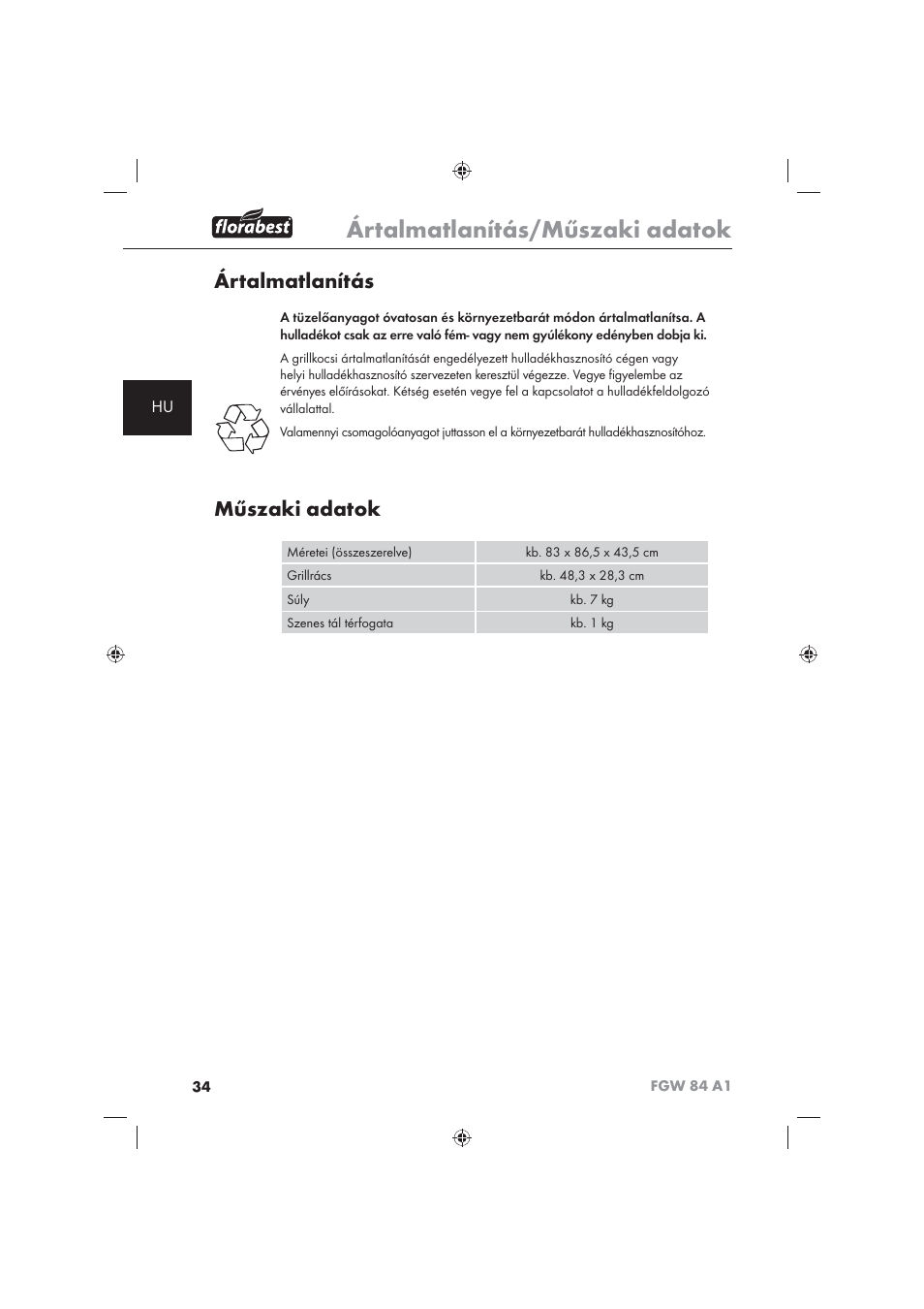 Ártalmatlanítás/műszaki adatok, Ártalmatlanítás, Műszaki adatok | Florabest FGW 84 A1 User Manual | Page 36 / 86