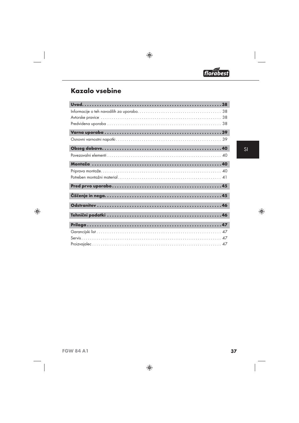 Kazalo vsebine | Florabest FGW 84 A1 User Manual | Page 39 / 86