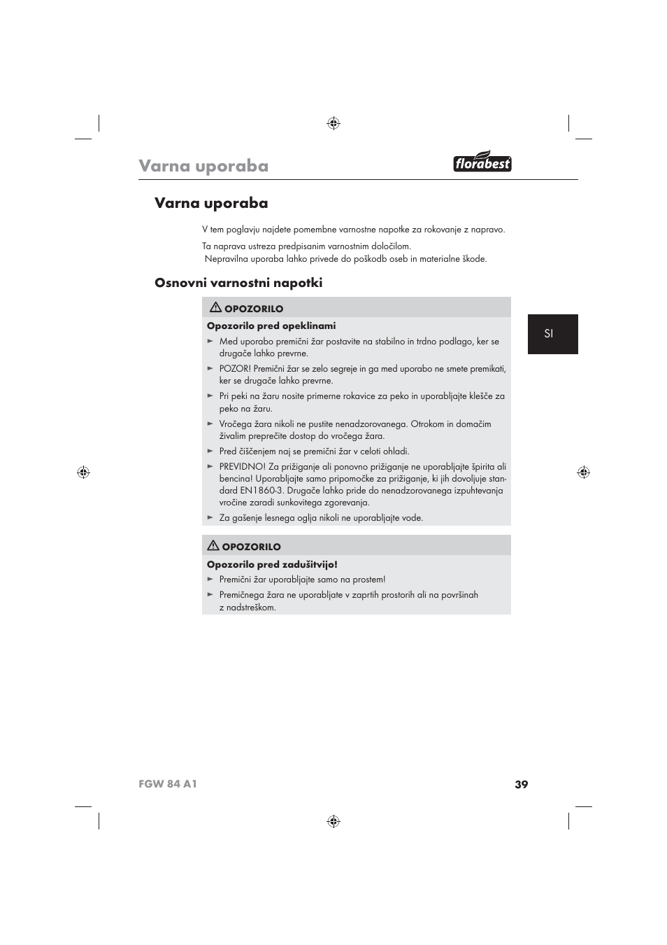 Varna uporaba, Osnovni varnostni napotki | Florabest FGW 84 A1 User Manual | Page 41 / 86