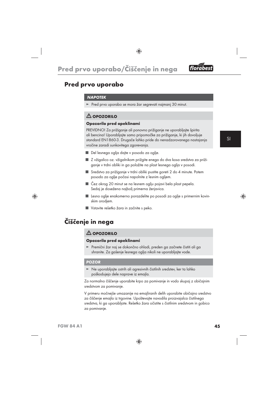 Pred prvo uporabo/čiščenje in nega, Pred prvo uporabo, Čiščenje in nega | Florabest FGW 84 A1 User Manual | Page 47 / 86