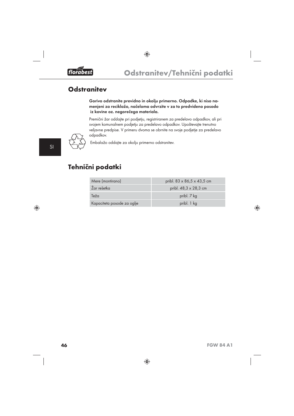 Odstranitev/tehnični podatki, Odstranitev, Tehnični podatki | Florabest FGW 84 A1 User Manual | Page 48 / 86