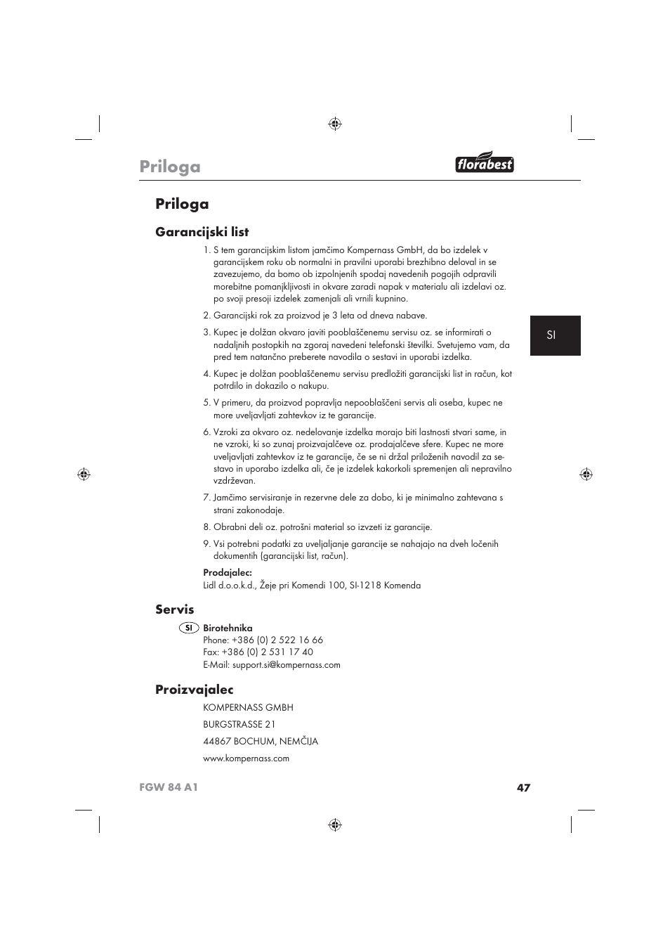 Priloga, Garancijski list, Servis | Proizvajalec | Florabest FGW 84 A1 User Manual | Page 49 / 86