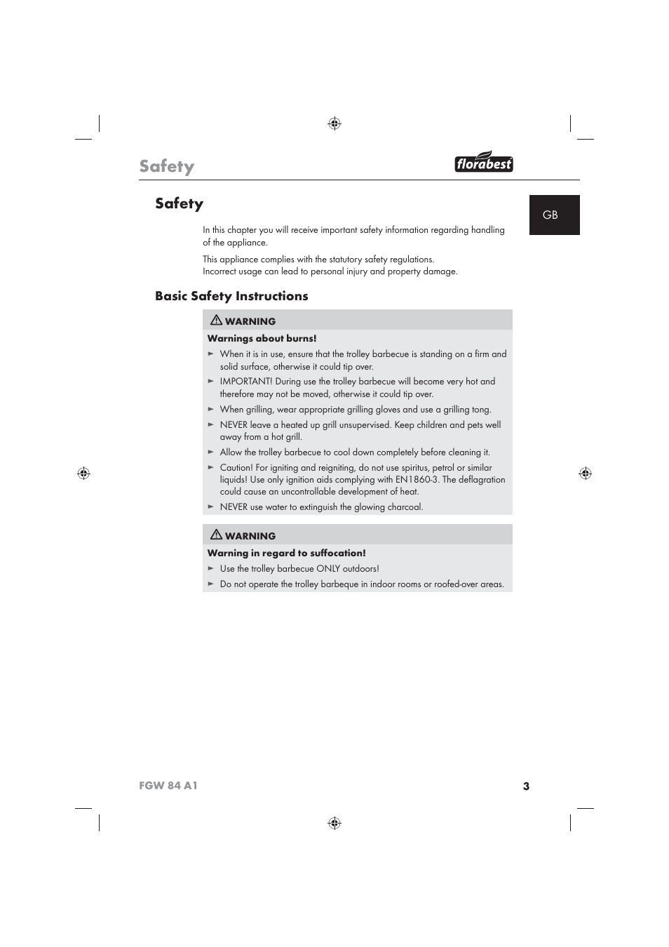 Safety, Basic safety instructions | Florabest FGW 84 A1 User Manual | Page 5 / 86