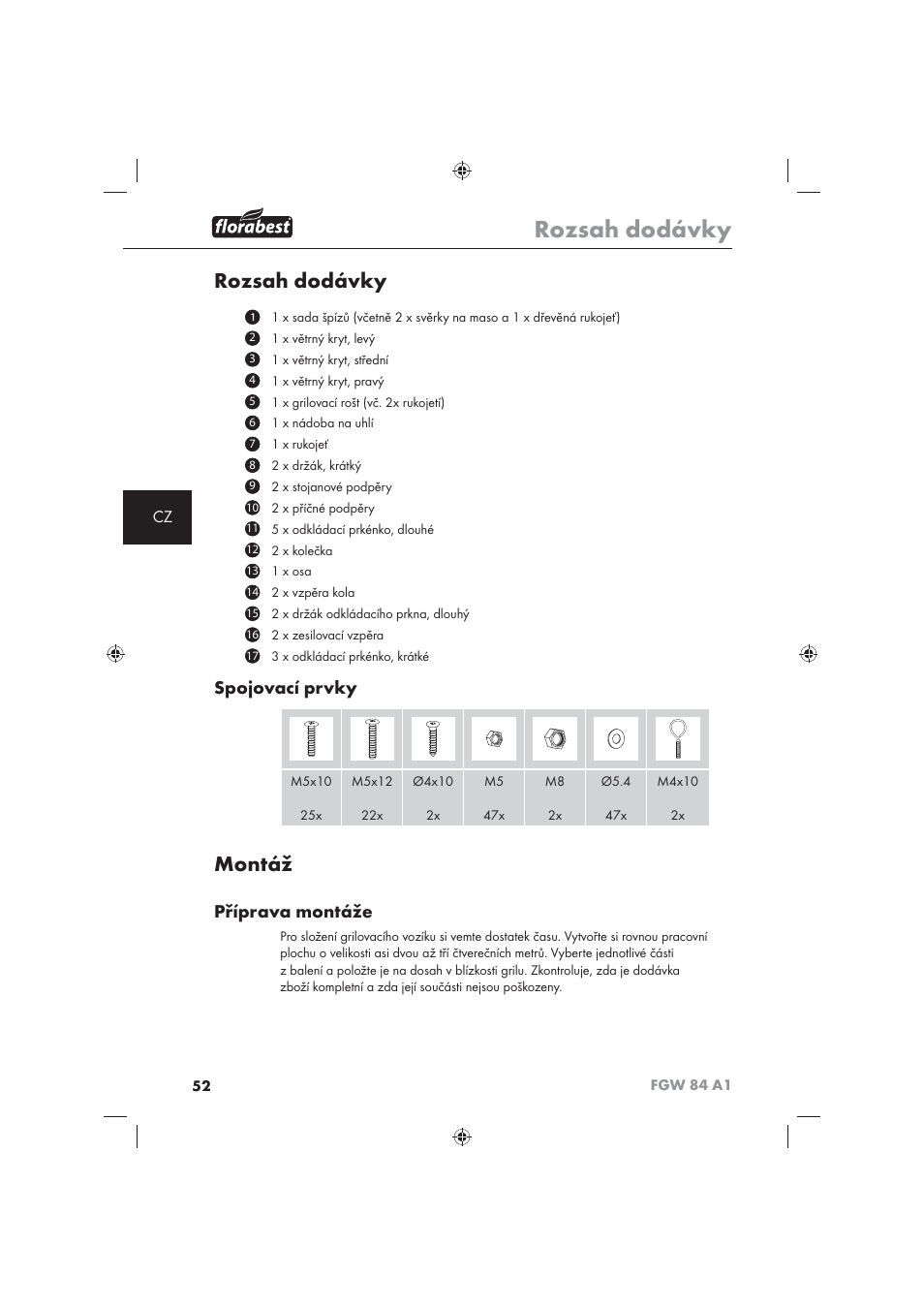 Rozsah dodávky, Montáž, Spojovací prvky | Příprava montáže | Florabest FGW 84 A1 User Manual | Page 54 / 86