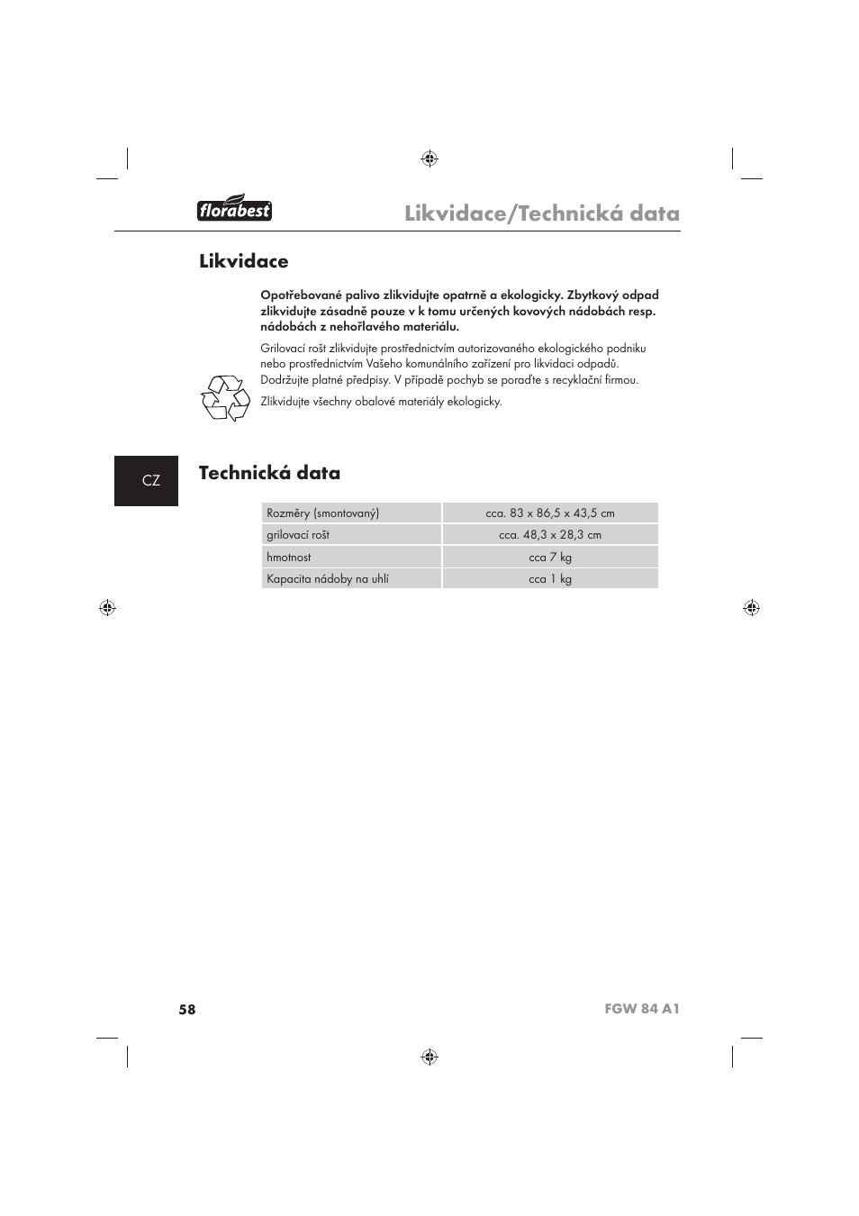 Likvidace/technická data, Likvidace, Technická data | Florabest FGW 84 A1 User Manual | Page 60 / 86