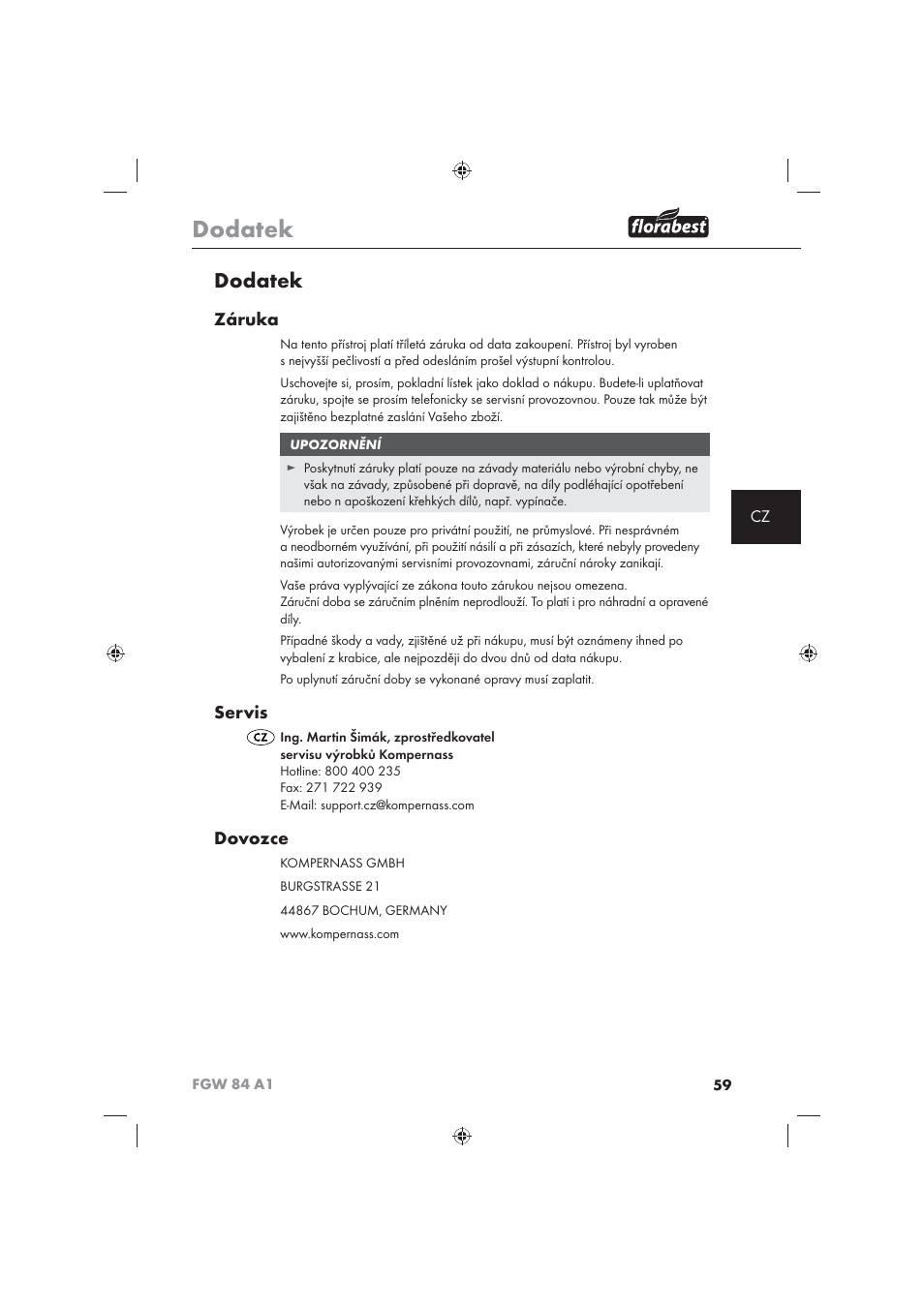 Dodatek, Záruka, Servis | Dovozce | Florabest FGW 84 A1 User Manual | Page 61 / 86