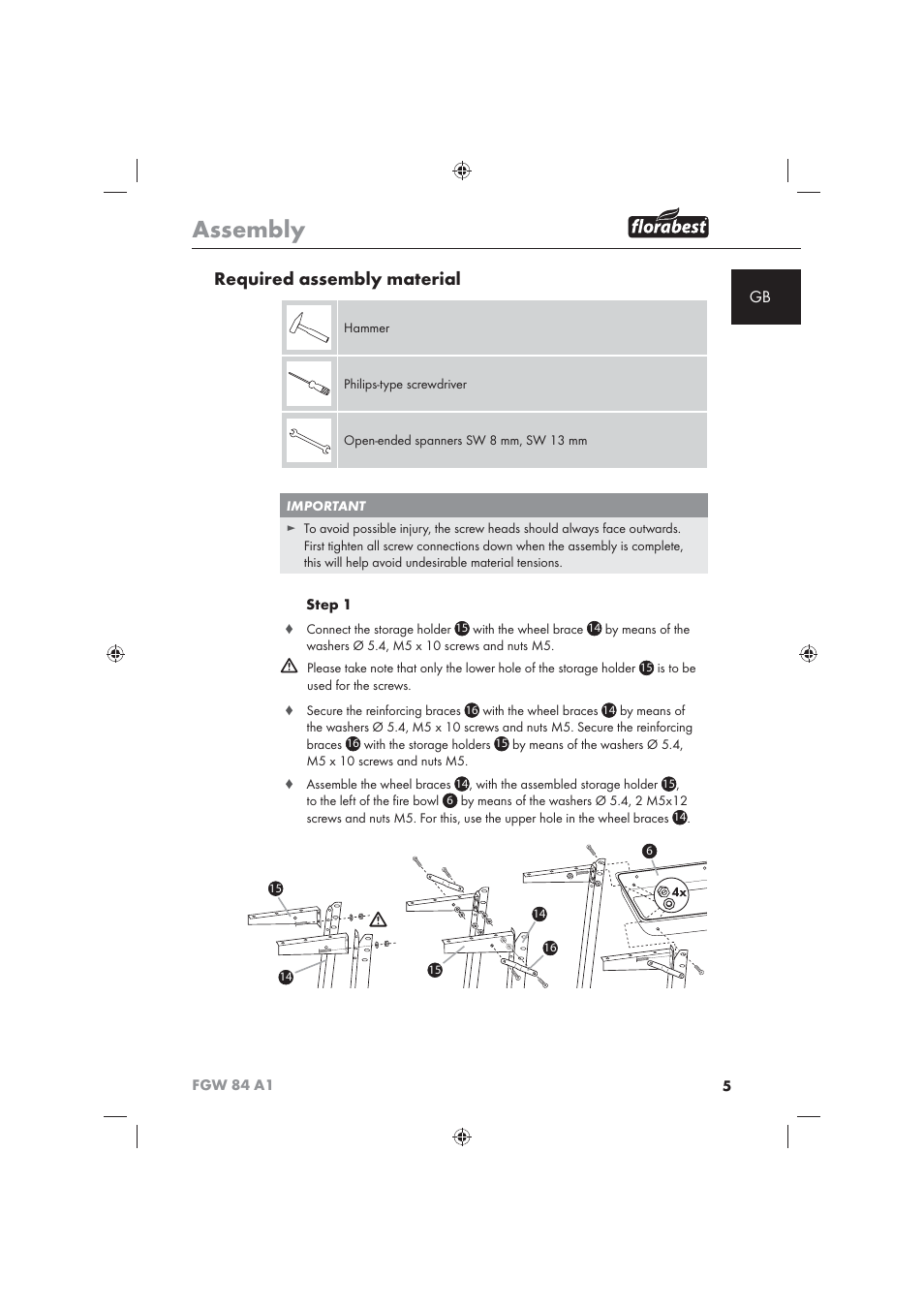 Assembly, Required assembly material | Florabest FGW 84 A1 User Manual | Page 7 / 86