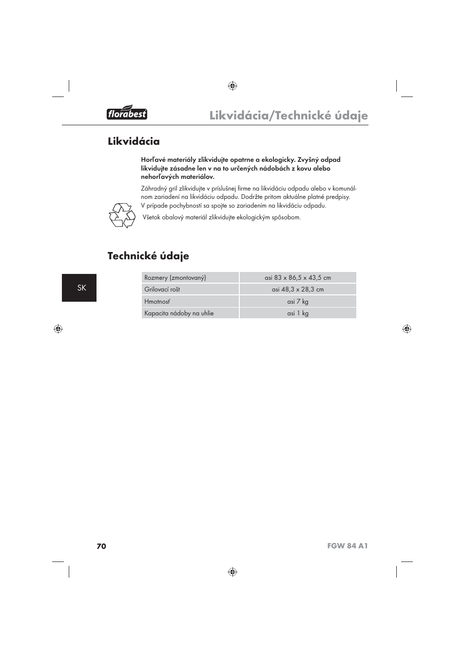 Likvidácia/technické údaje, Likvidácia, Technické údaje | Florabest FGW 84 A1 User Manual | Page 72 / 86