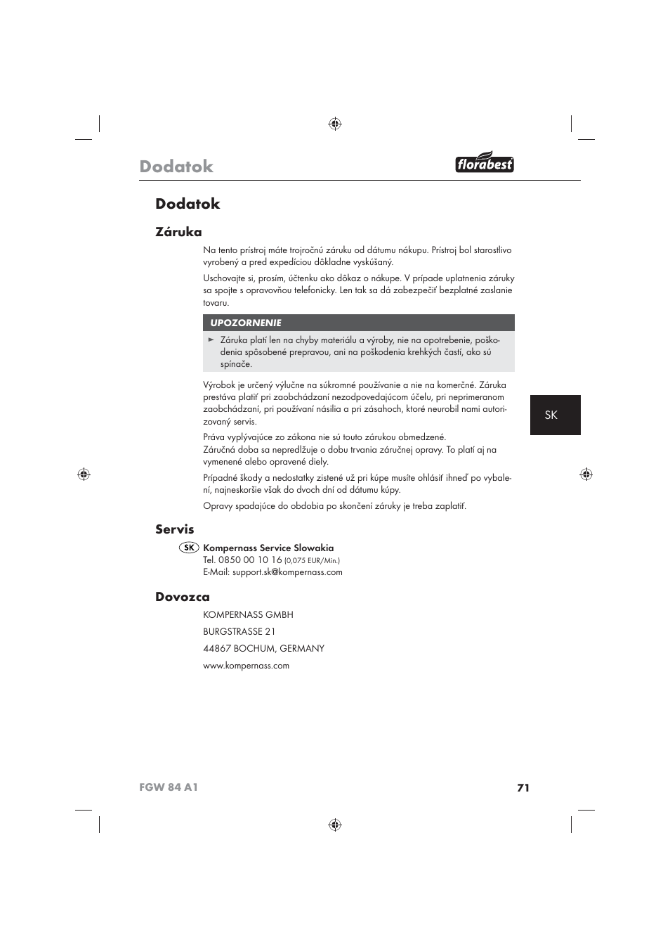 Dodatok, Záruka, Servis | Dovozca | Florabest FGW 84 A1 User Manual | Page 73 / 86