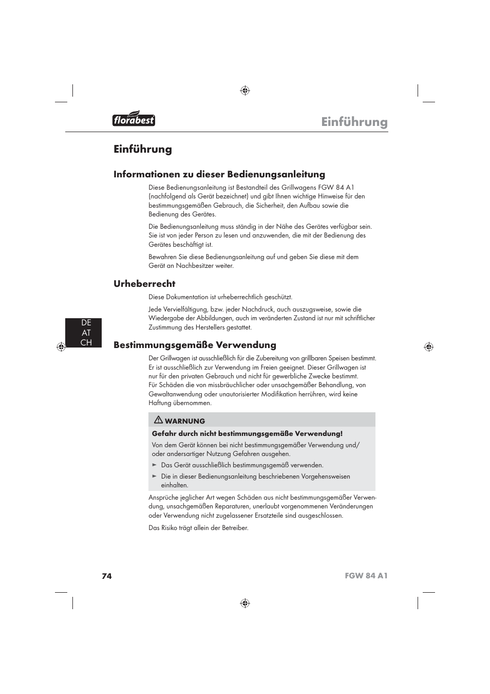 Einführung, Informationen zu dieser bedienungsanleitung, Urheberrecht | Bestimmungsgemäße verwendung, De at ch | Florabest FGW 84 A1 User Manual | Page 76 / 86