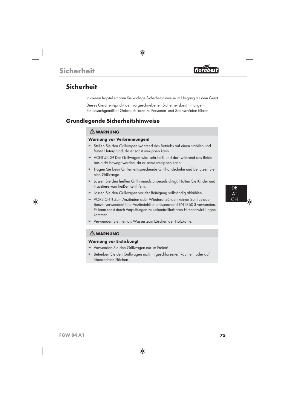 Sicherheit, Grundlegende sicherheitshinweise, De at ch | Florabest FGW 84 A1 User Manual | Page 77 / 86