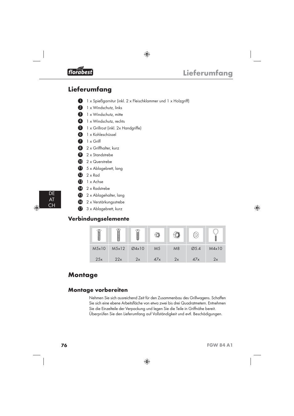 Lieferumfang, Montage, Verbindungselemente | Montage vorbereiten, De at ch | Florabest FGW 84 A1 User Manual | Page 78 / 86