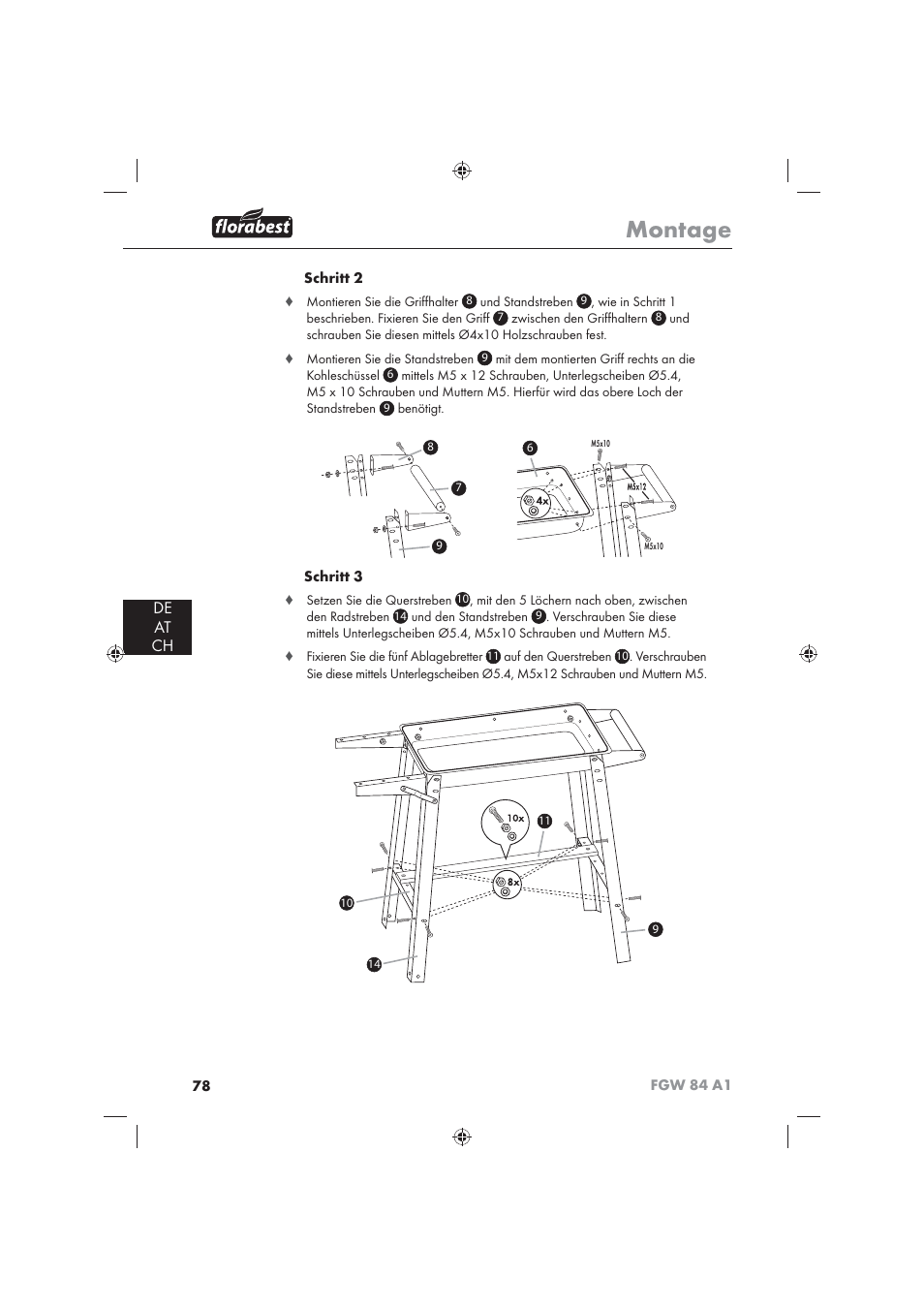 Montage, De at ch | Florabest FGW 84 A1 User Manual | Page 80 / 86