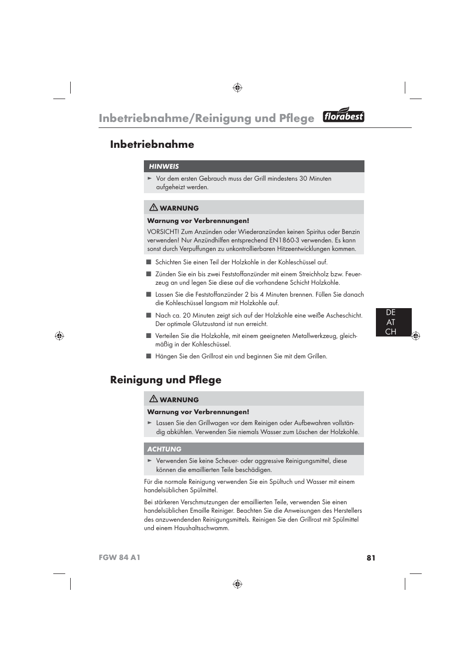 Inbetriebnahme/reinigung und pﬂ ege, Inbetriebnahme, Reinigung und pﬂ ege | De at ch | Florabest FGW 84 A1 User Manual | Page 83 / 86