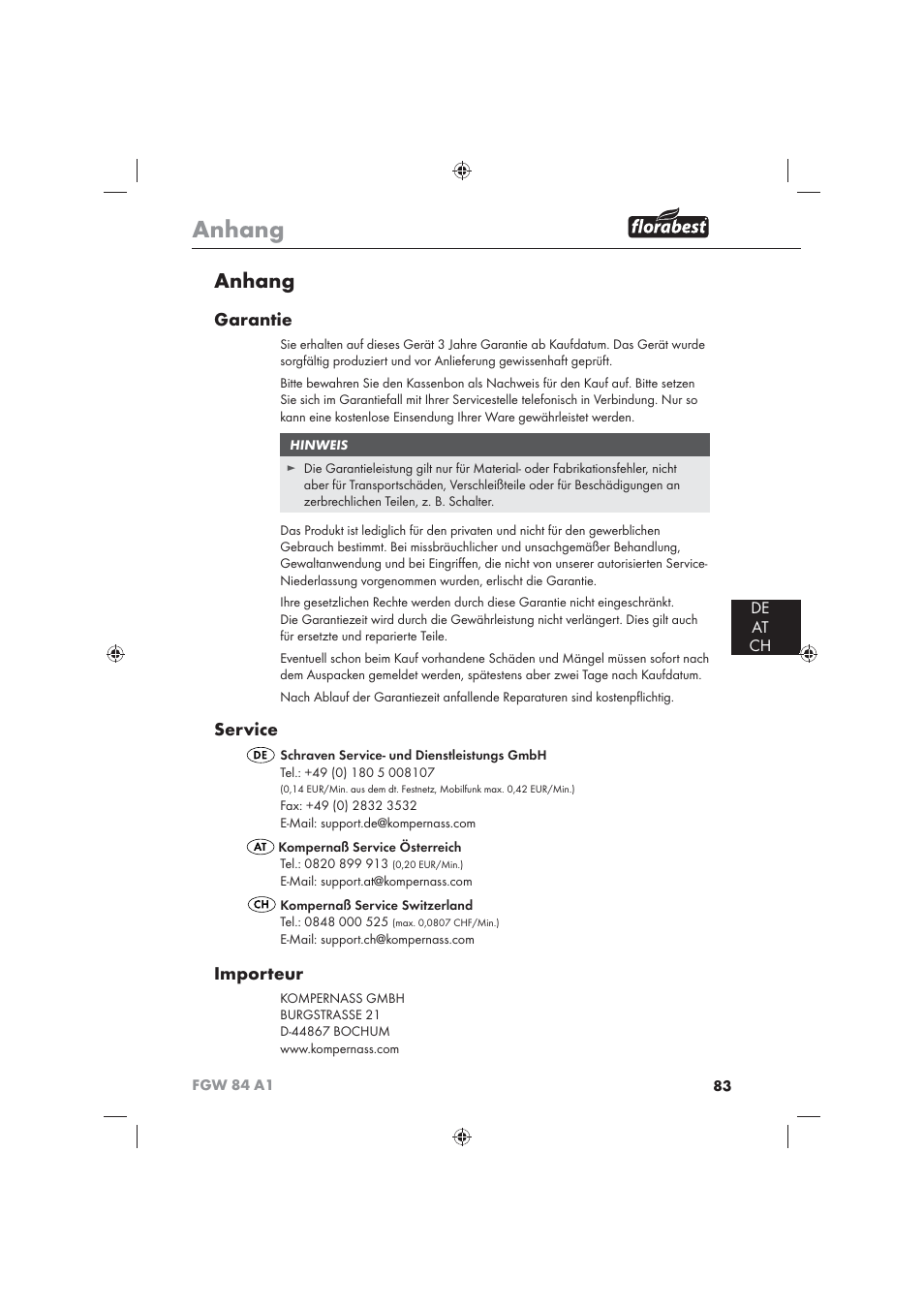 Anhang, Garantie, Service | Importeur, De at ch | Florabest FGW 84 A1 User Manual | Page 85 / 86