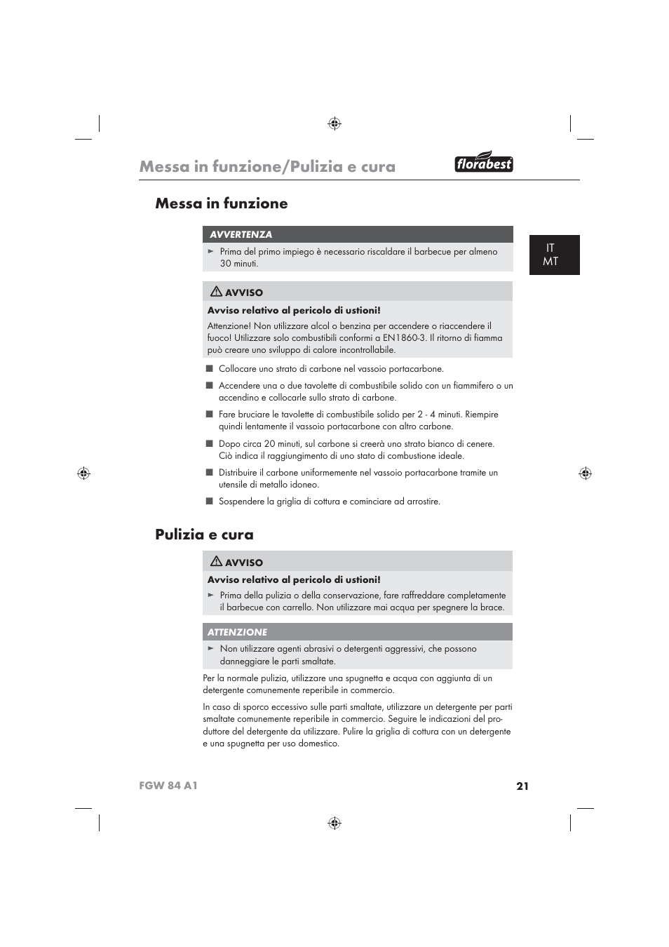 Messa in funzione/pulizia e cura, Messa in funzione, Pulizia e cura | It mt | Florabest FGW 84 A1 User Manual | Page 23 / 62