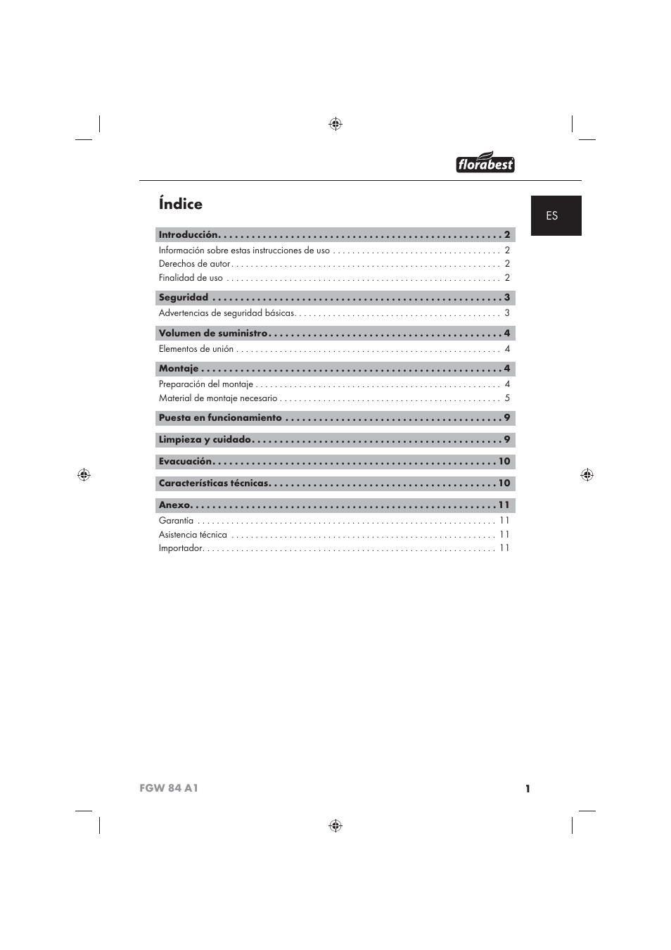 Índice | Florabest FGW 84 A1 User Manual | Page 3 / 62