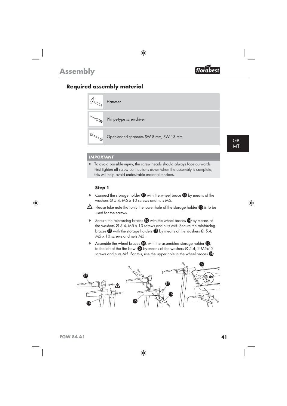 Assembly, Required assembly material, Gb mt | Florabest FGW 84 A1 User Manual | Page 43 / 62