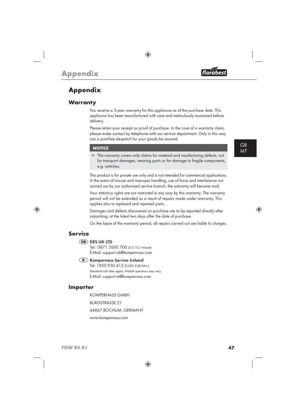 Appendix, Warranty, Service | Importer, Gb mt | Florabest FGW 84 A1 User Manual | Page 49 / 62