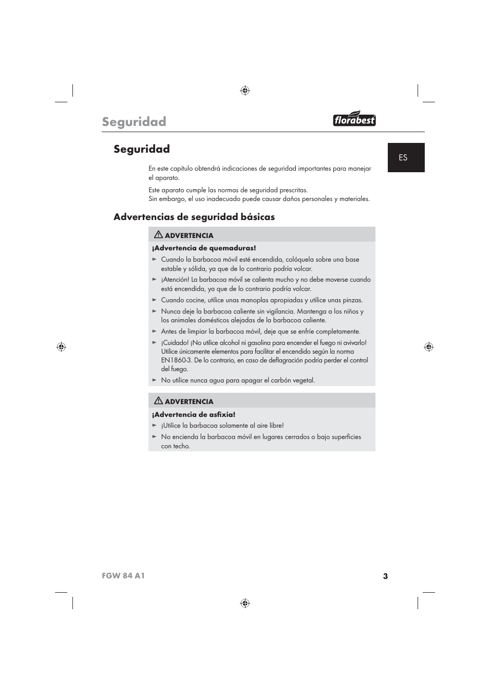 Seguridad, Advertencias de seguridad básicas | Florabest FGW 84 A1 User Manual | Page 5 / 62