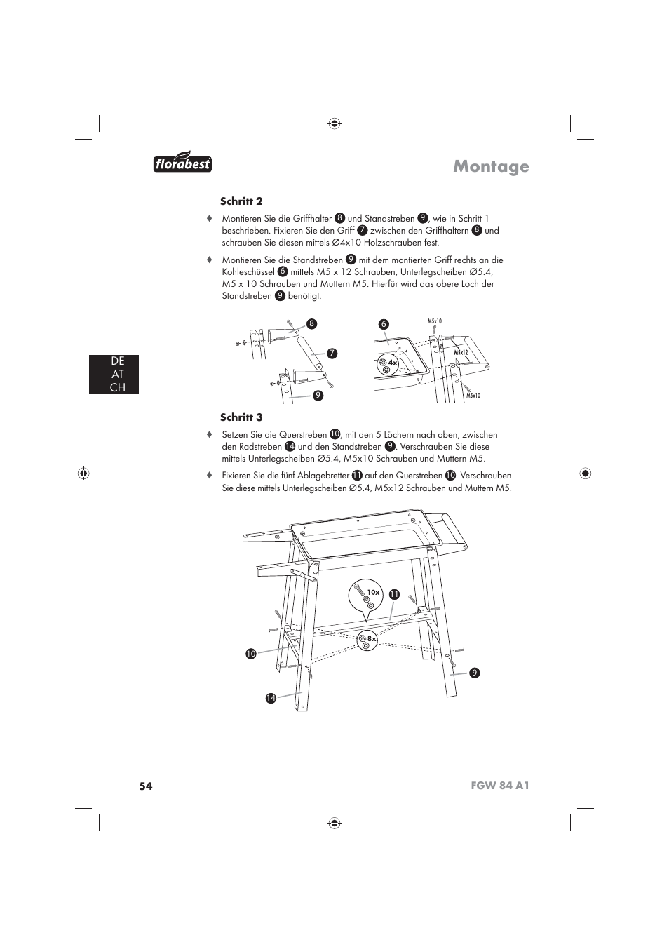 Montage, De at ch | Florabest FGW 84 A1 User Manual | Page 56 / 62