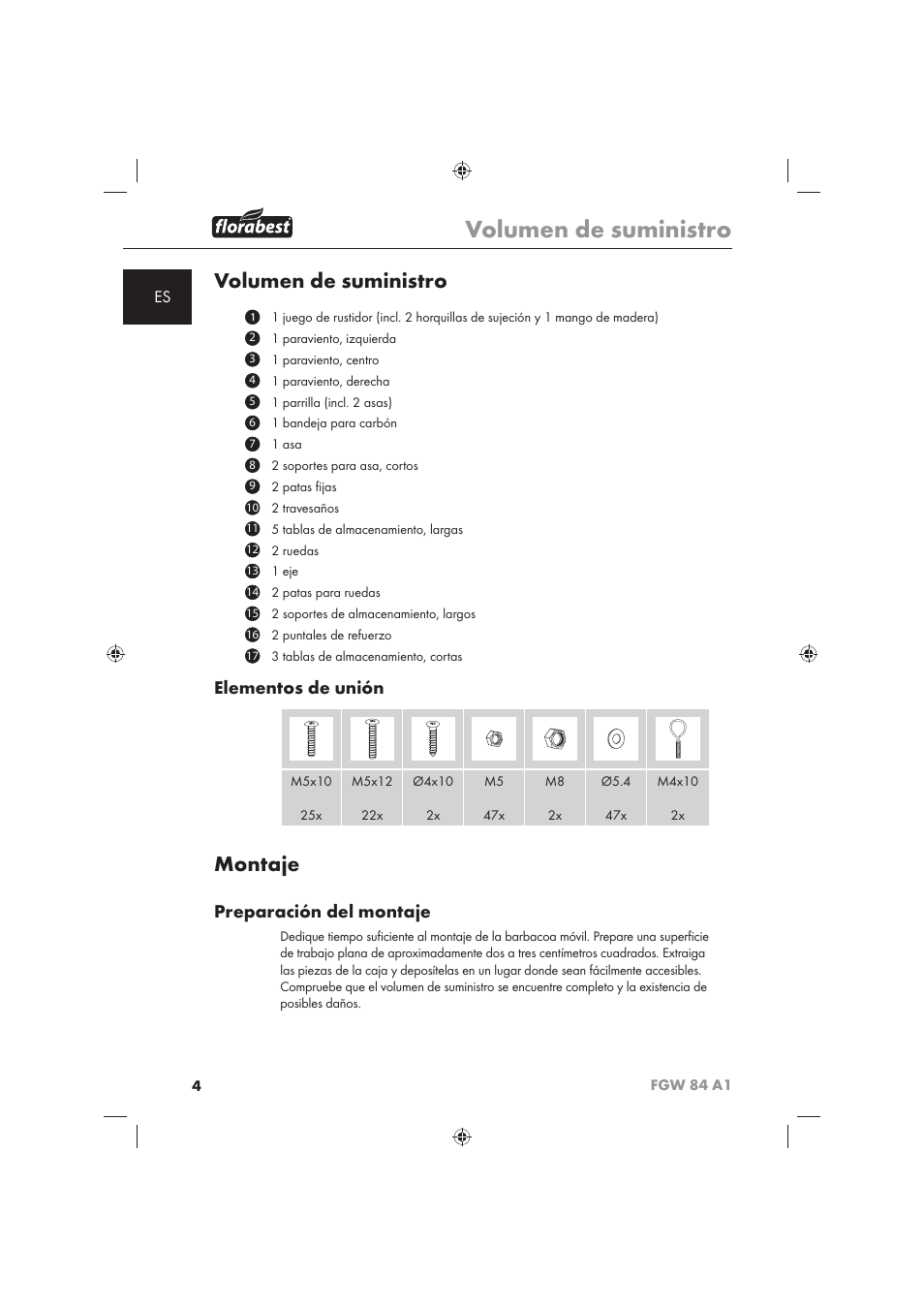 Volumen de suministro, Montaje, Elementos de unión | Preparación del montaje | Florabest FGW 84 A1 User Manual | Page 6 / 62