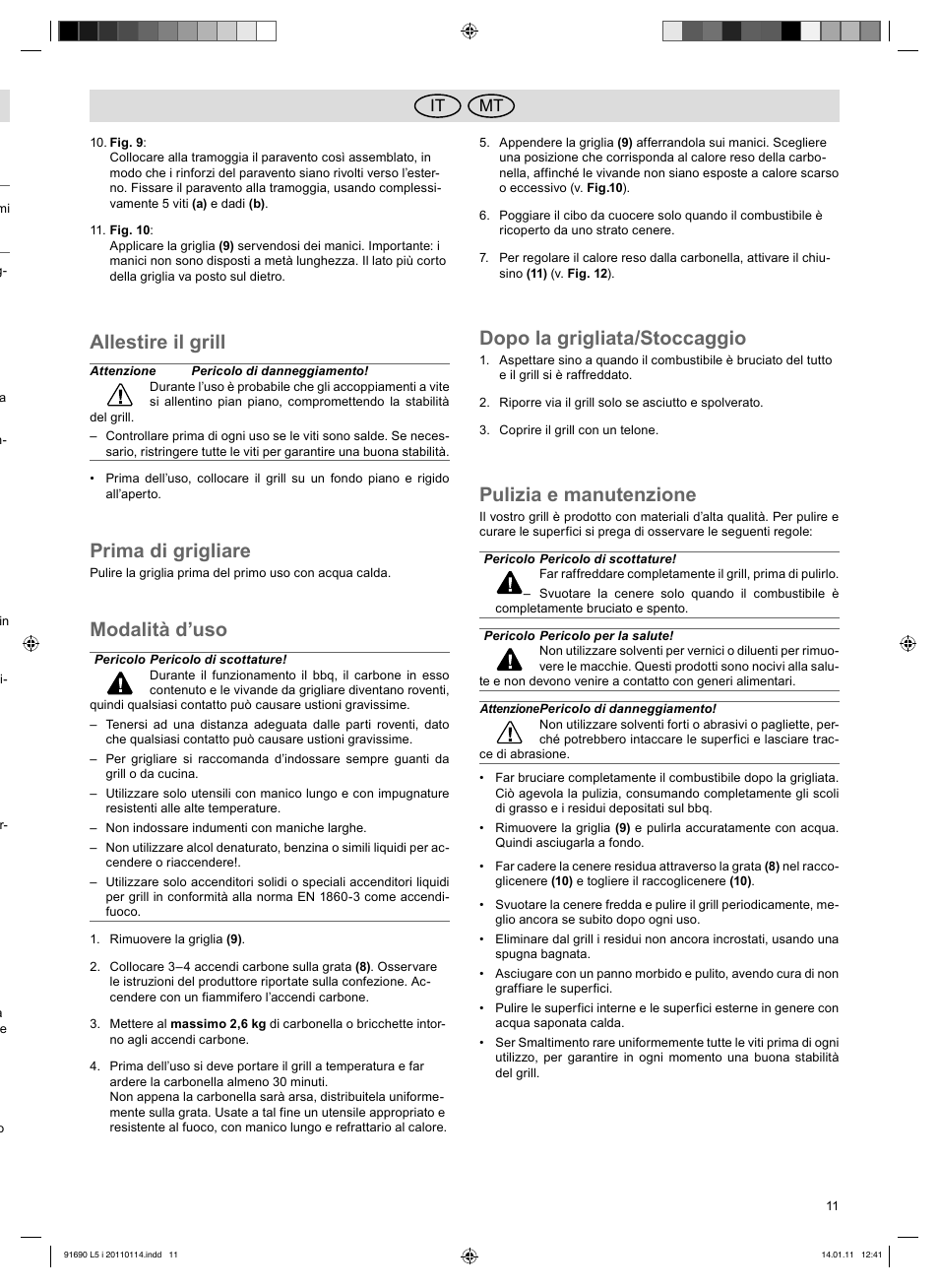 Allestire il grill, Prima di grigliare, Modalità d’uso | Dopo la grigliata/stoccaggio, Pulizia e manutenzione, Mt it | Florabest HC-91690 User Manual | Page 11 / 26