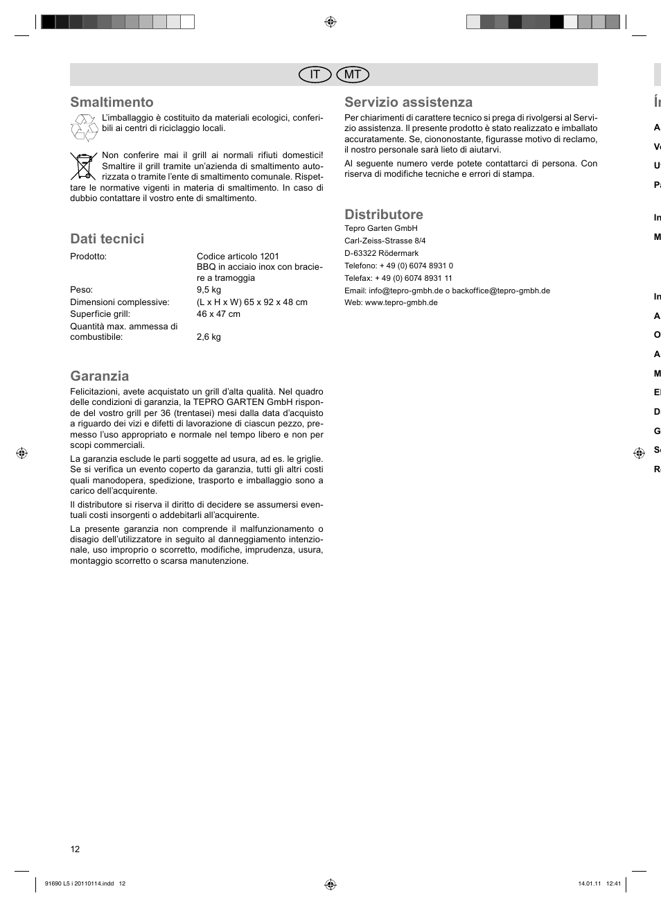 Smaltimento, Dati tecnici, Garanzia | Servizio assistenza, Distributore | Florabest HC-91690 User Manual | Page 12 / 26