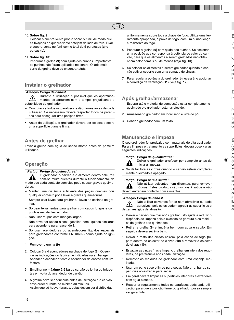 Instalar o grelhador, Antes de grelhar, Operação | Após grelhar/armazenar, Manutenção e limpeza | Florabest HC-91690 User Manual | Page 16 / 26