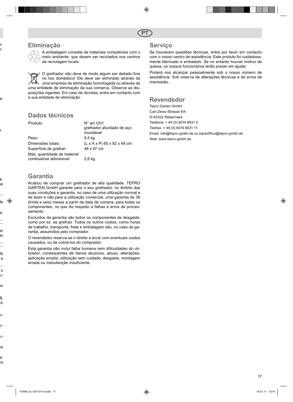 Eliminação, Dados técnicos, Garantia | Serviço, Revendedor | Florabest HC-91690 User Manual | Page 17 / 26
