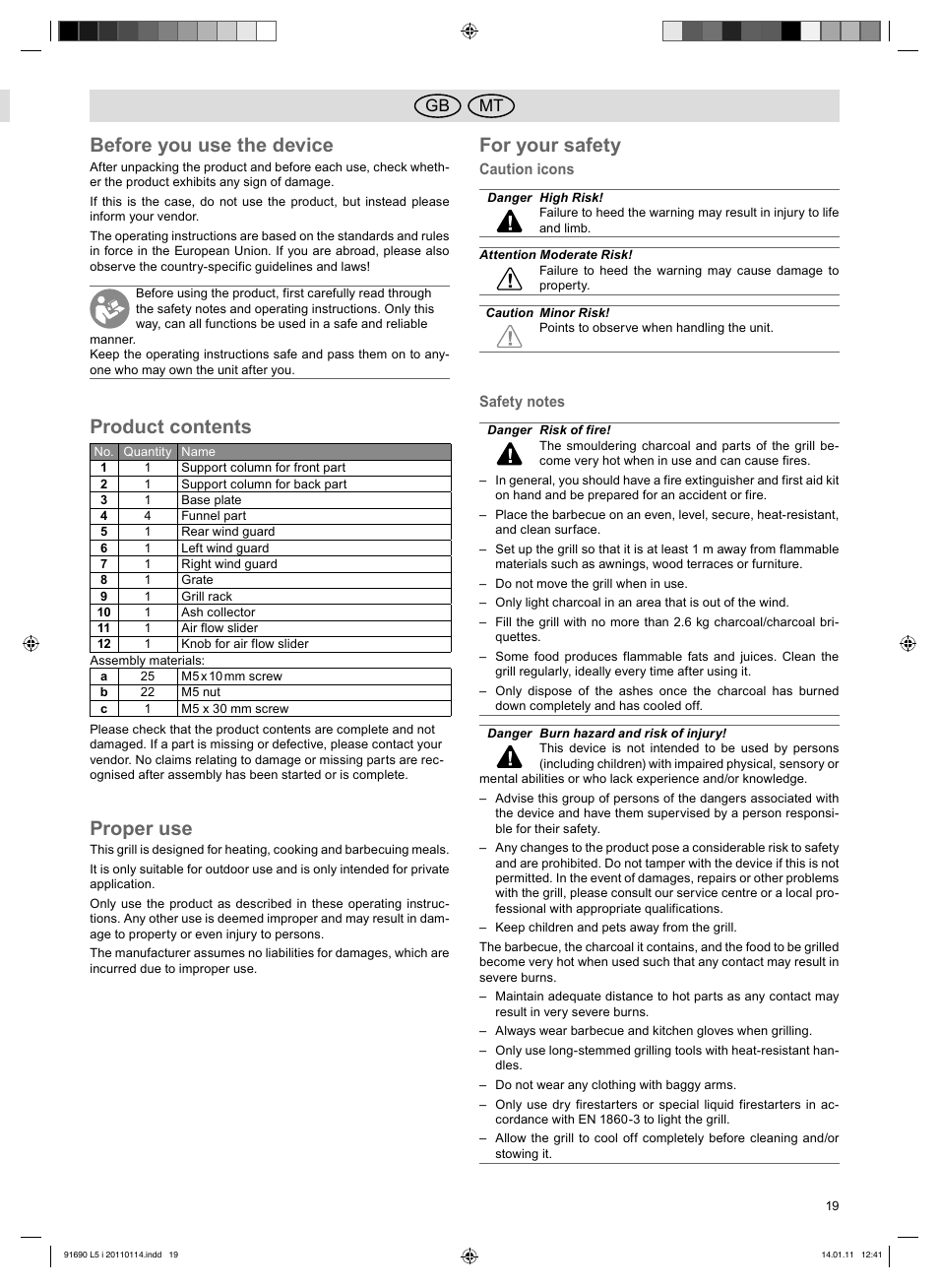 Before you use the device, Product contents, Proper use | For your safety, Mt gb | Florabest HC-91690 User Manual | Page 19 / 26