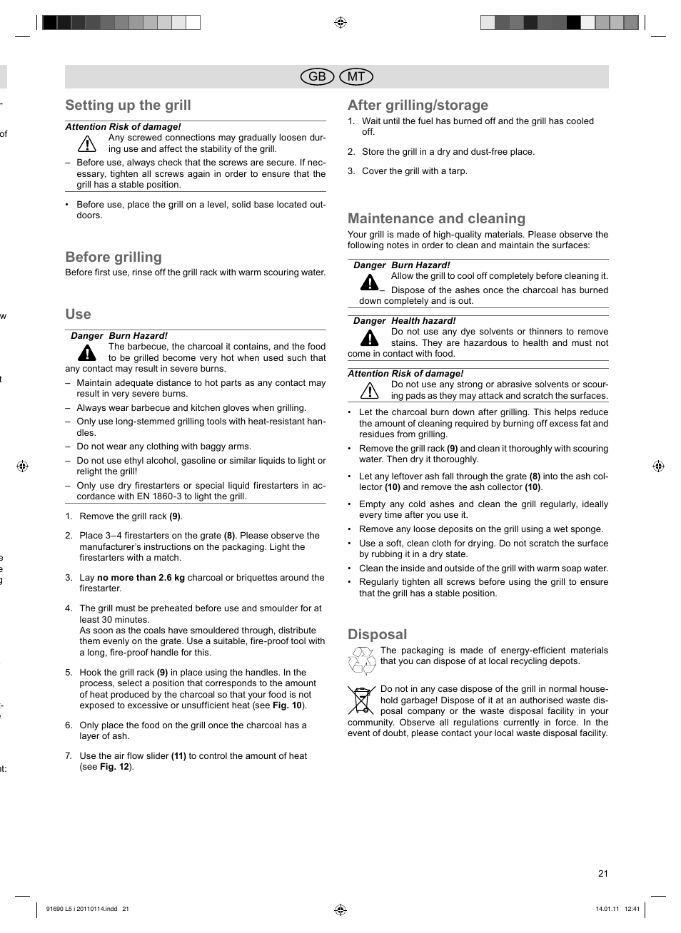 Setting up the grill, Before grilling, After grilling/storage | Maintenance and cleaning, Disposal, Mt gb | Florabest HC-91690 User Manual | Page 21 / 26