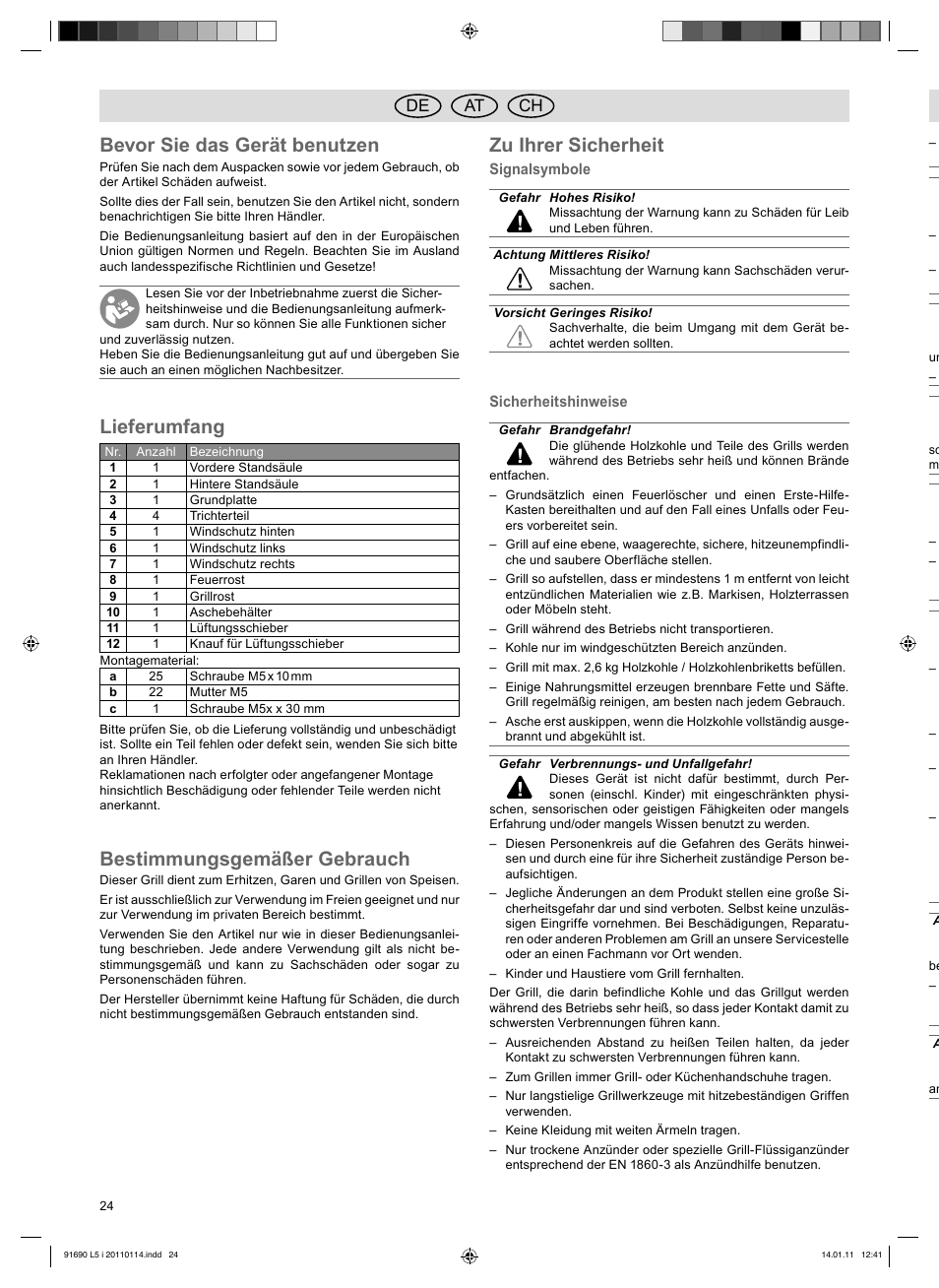 Bevor sie das gerät benutzen, Lieferumfang, Bestimmungsgemäßer gebrauch | Zu ihrer sicherheit, De at ch | Florabest HC-91690 User Manual | Page 24 / 26