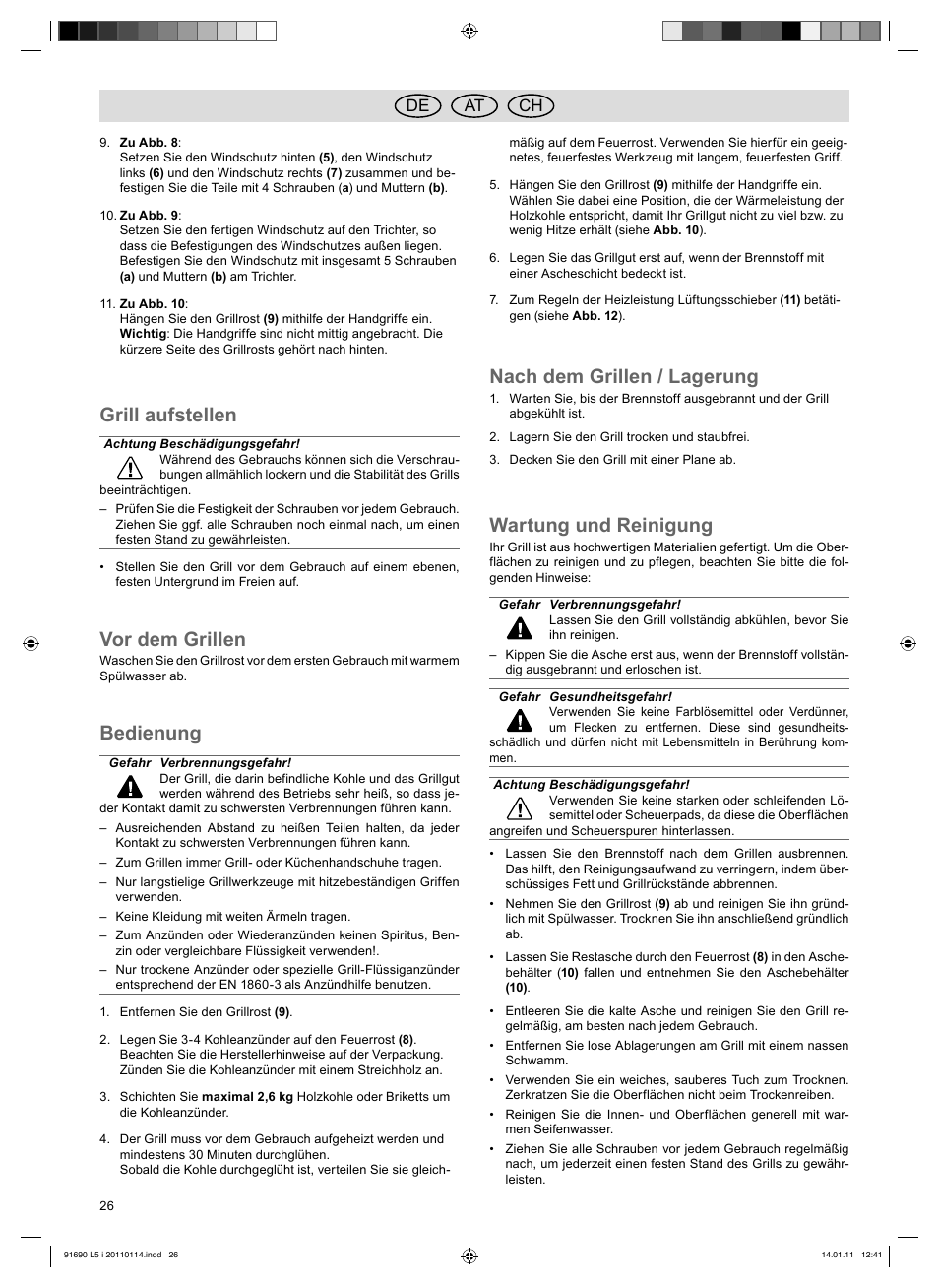Grill aufstellen, Vor dem grillen, Bedienung | Nach dem grillen / lagerung, Wartung und reinigung, De at ch | Florabest HC-91690 User Manual | Page 26 / 26
