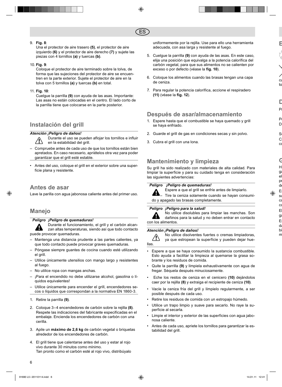 Instalación del grill, Antes de asar, Manejo | Después de asar/almacenamiento, Mantenimiento y limpieza | Florabest HC-91690 User Manual | Page 6 / 26