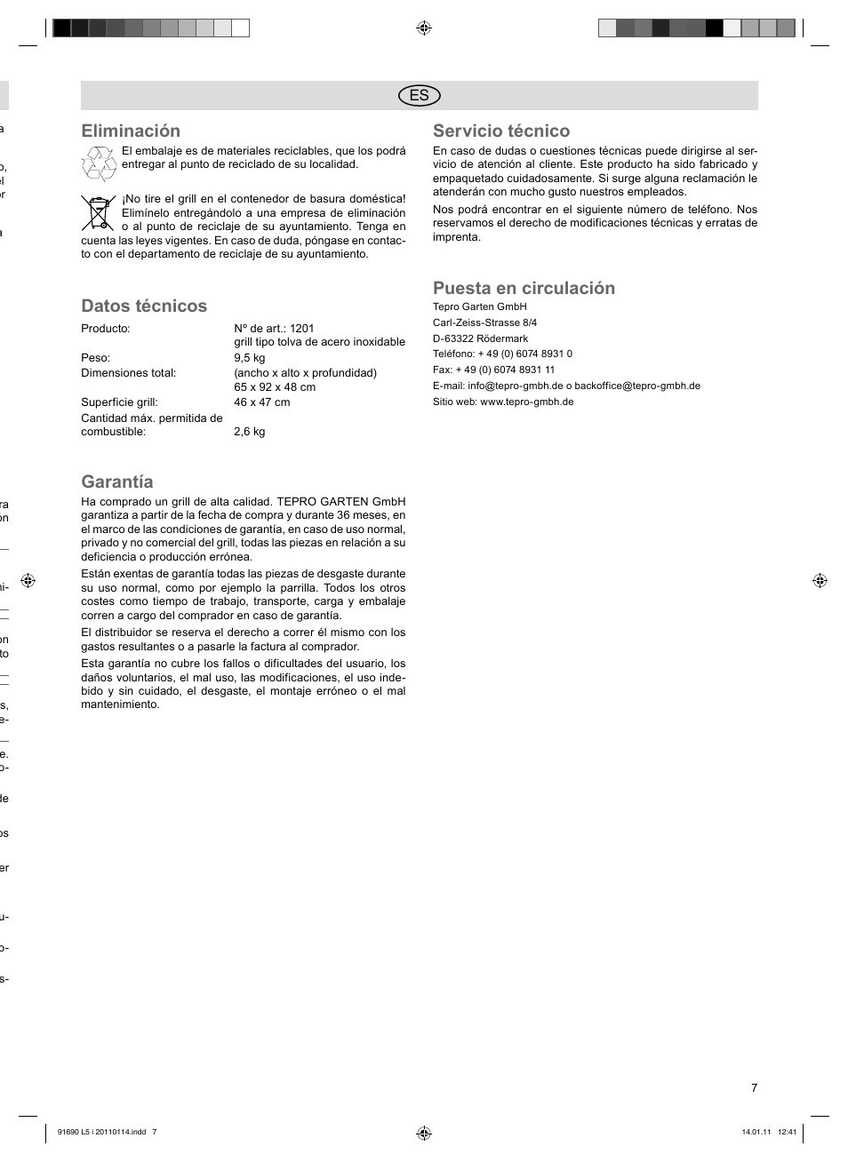 Eliminación, Datos técnicos, Garantía | Servicio técnico, Puesta en circulación | Florabest HC-91690 User Manual | Page 7 / 26