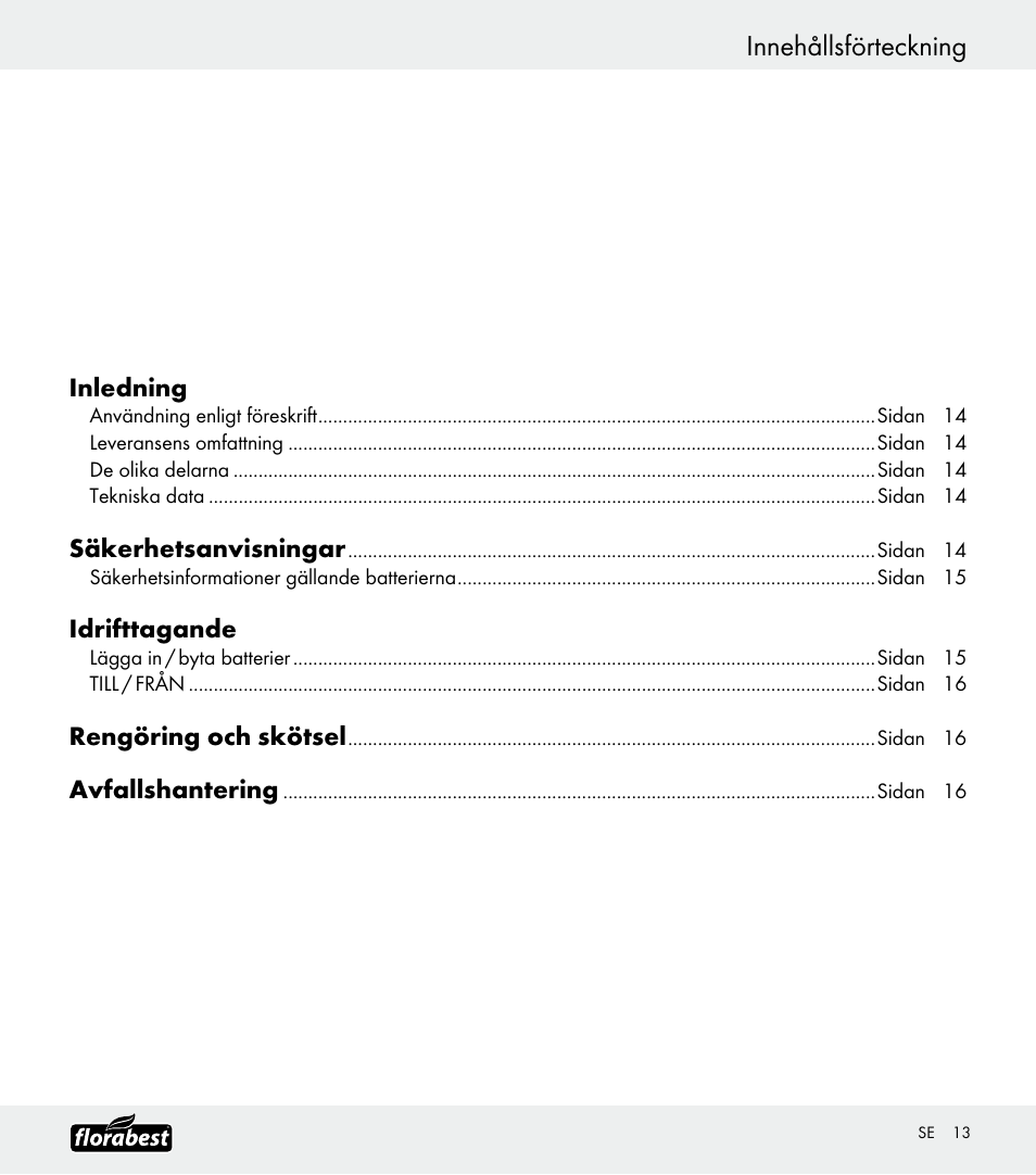 Innehållsförteckning, Inledning, Säkerhetsanvisningar | Idrifttagande, Rengöring och skötsel, Avfallshantering | Florabest Z30688 User Manual | Page 13 / 21