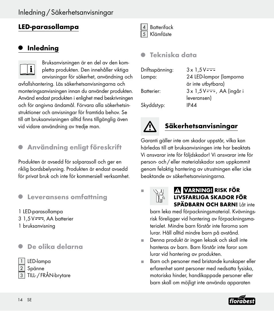 Inledning / säkerhetsanvisningar, Led-parasollampa, Inledning | Användning enligt föreskrift, Leveransens omfattning, De olika delarna, Tekniska data, Säkerhetsanvisningar | Florabest Z30688 User Manual | Page 14 / 21