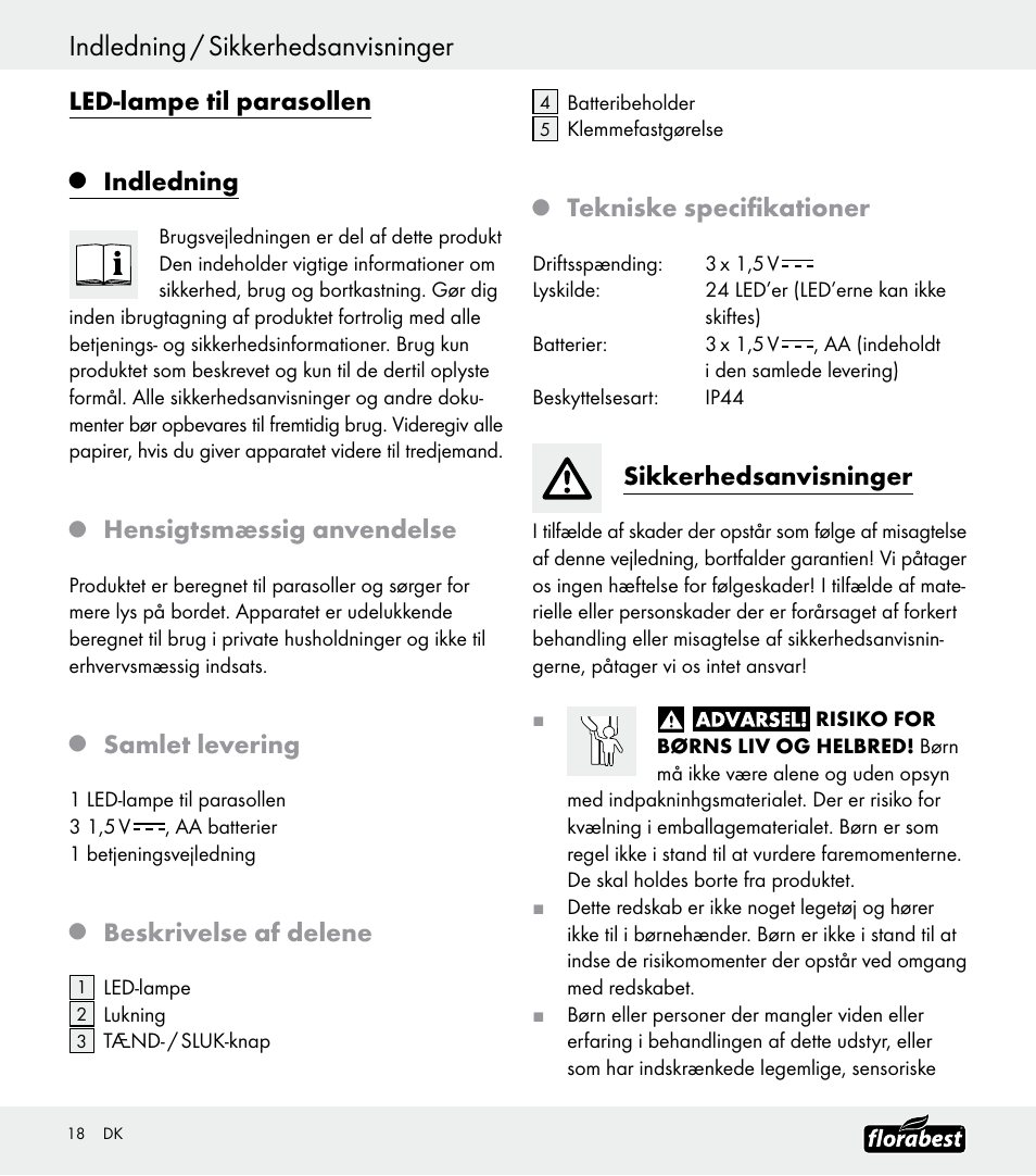 Indledning / sikkerhedsanvisninger, Led-lampe til parasollen, Indledning | Hensigtsmæssig anvendelse, Samlet levering, Beskrivelse af delene, Tekniske specifikationer, Sikkerhedsanvisninger | Florabest Z30688 User Manual | Page 18 / 21
