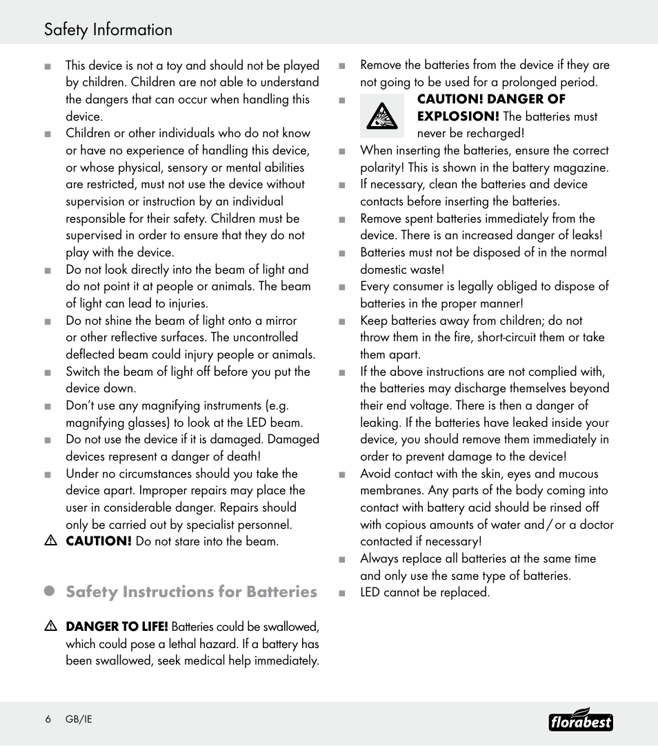 Safety information, Safety instructions for batteries | Florabest Z30688 User Manual | Page 6 / 21