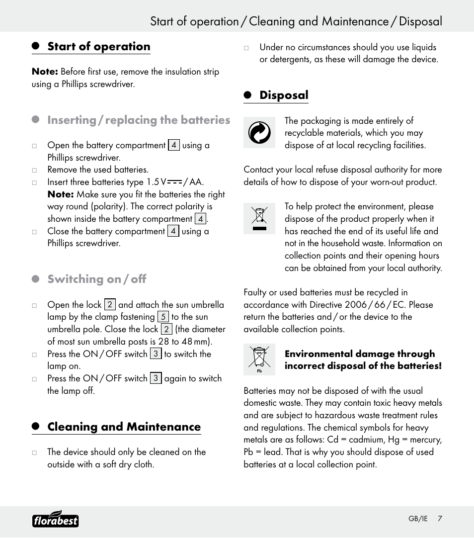 Start of operation, Inserting / replacing the batteries, Switching on / off | Cleaning and maintenance, Disposal | Florabest Z30688 User Manual | Page 7 / 21