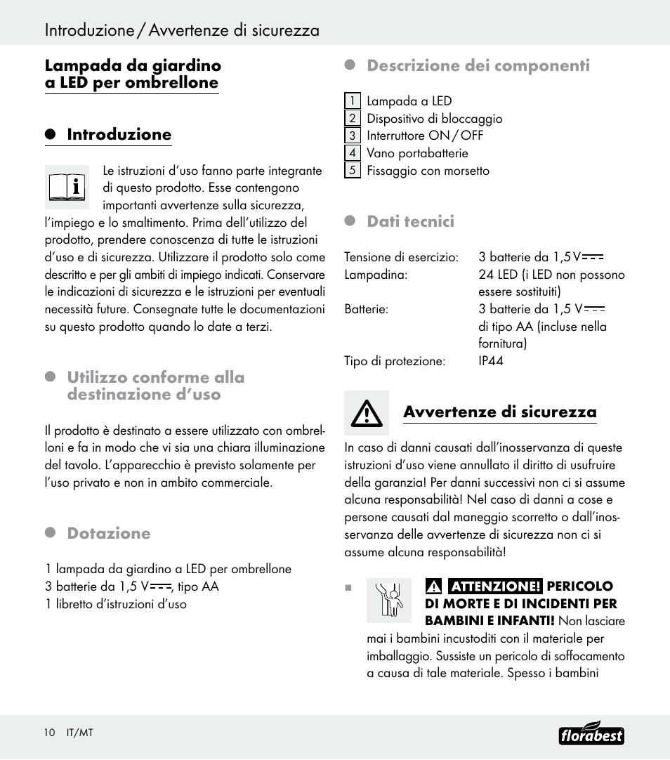 Introduzione / avvertenze di sicurezza, Lampada da giardino a led per ombrellone, Introduzione | Utilizzo conforme alla destinazione d’uso, Dotazione, Descrizione dei componenti, Dati tecnici, Avvertenze di sicurezza | Florabest Z30688 User Manual | Page 10 / 24
