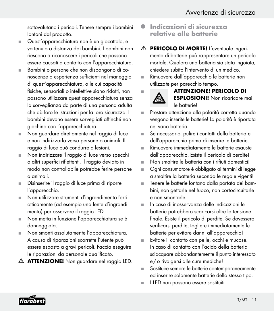 Avvertenze di sicurezza, Indicazioni di sicurezza relative alle batterie | Florabest Z30688 User Manual | Page 11 / 24