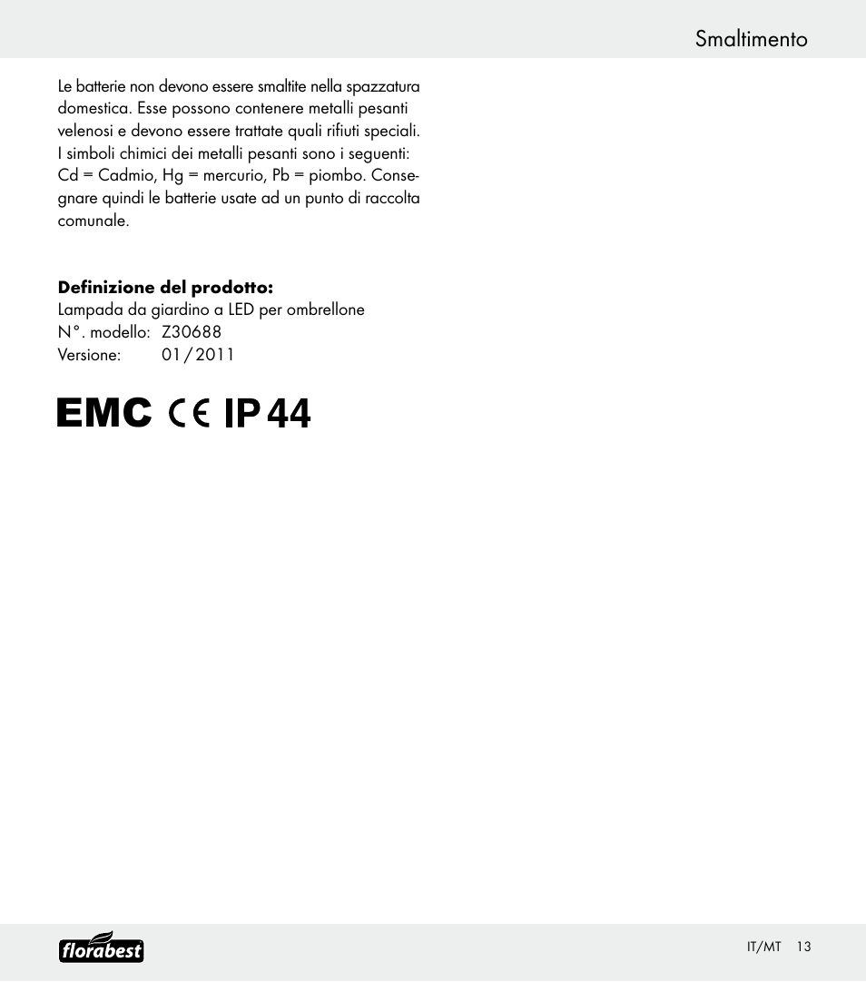 Smaltimento | Florabest Z30688 User Manual | Page 13 / 24