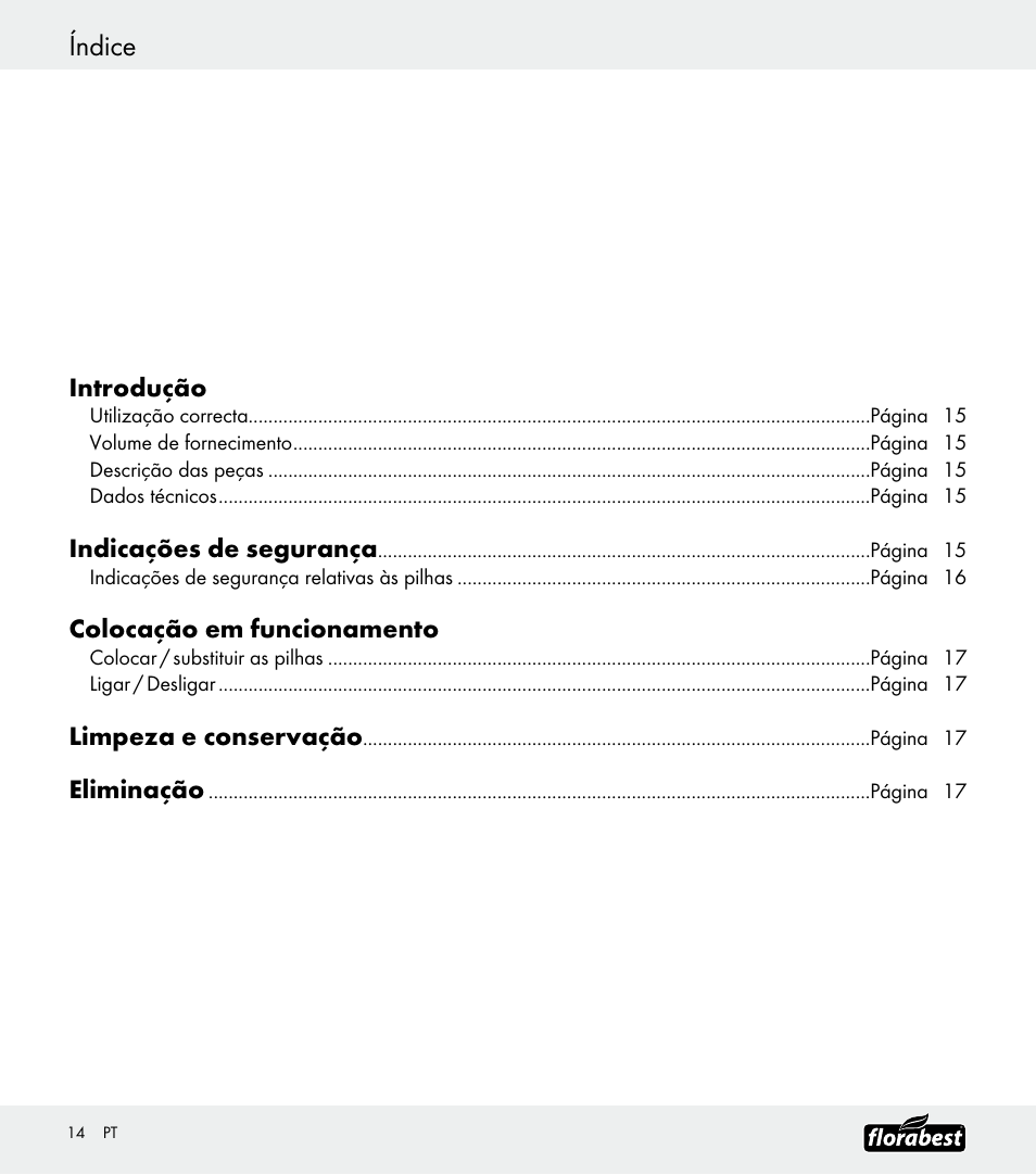 Índice, Introdução, Indicações de segurança | Colocação em funcionamento, Limpeza e conservação, Eliminação | Florabest Z30688 User Manual | Page 14 / 24