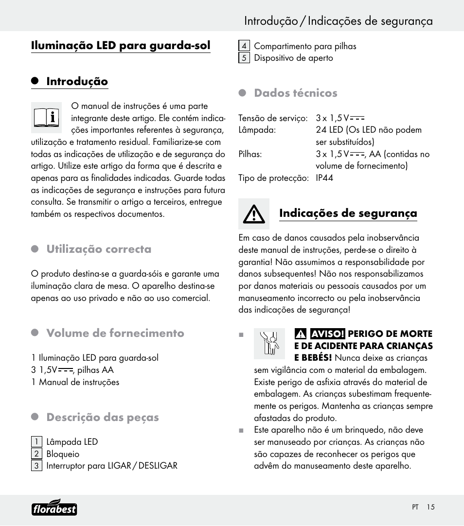 Introdução / indicações de segurança, Iluminação led para guarda-sol, Introdução | Utilização correcta, Volume de fornecimento, Descrição das peças, Dados técnicos, Indicações de segurança | Florabest Z30688 User Manual | Page 15 / 24