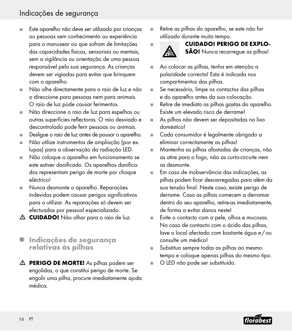 Indicações de segurança, Indicações de segurança relativas às pilhas | Florabest Z30688 User Manual | Page 16 / 24